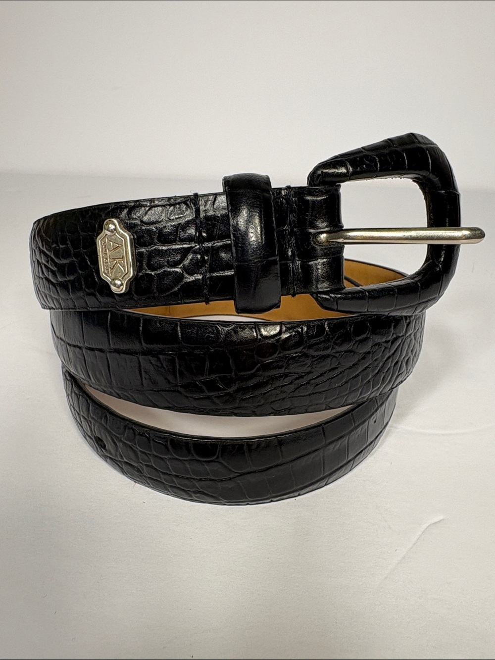 Anne Klein Black Croc-Embossed Leather Belt with Silver Buckle